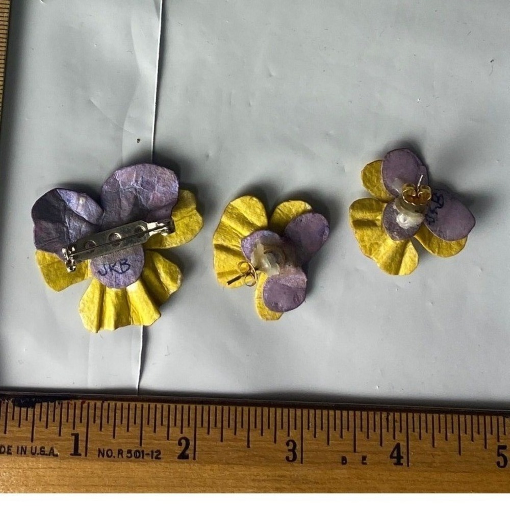 3pc Pansy Flower Brooch Pin Set Purple Yellow Pearl Embellished Craft Supplies‎